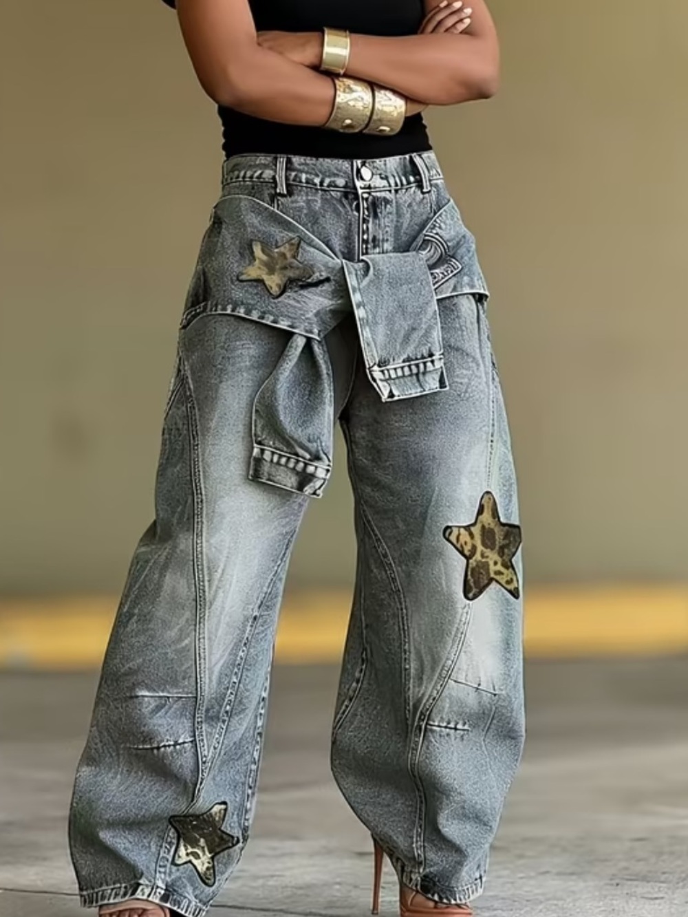Women' High Waist Wide Leg Jeans - Vintage Y2K Retro Wide Pants with Fake 2pcs - Picture 3 of 4